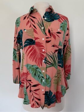 Tropical Coral Button-Down Shirt / Swim cover up // Size XS